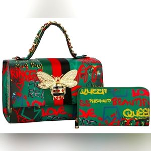 Green Provocative Glam Coordinating Handbag Satchel and Wallet Set